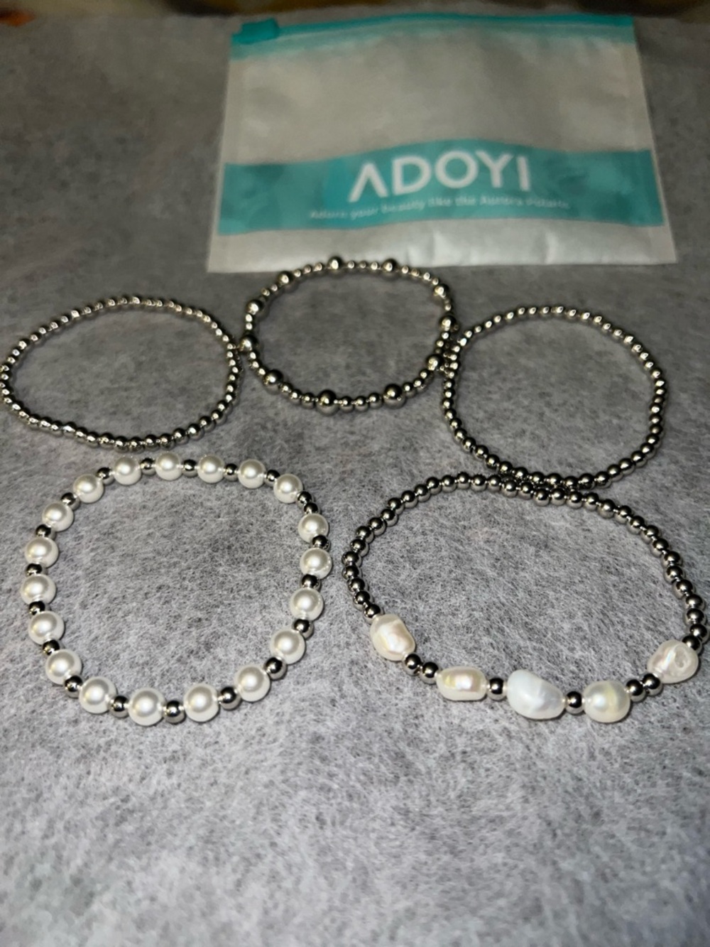 Silver and White Pearl Stretch Bracelet Set by Adoyi